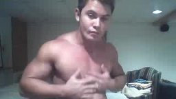 Beefy Muscle Hunk Flexes Chest and Abs, Shows Off Boner