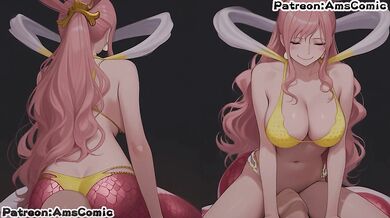 Shirahoshi’s big tits get wrecked in rough hentai blowjob cumshot