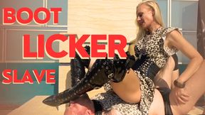 Bootlicker slave training - By Mistress Nicole van Kuppeck with thigh high black boots worship and faceslapping.