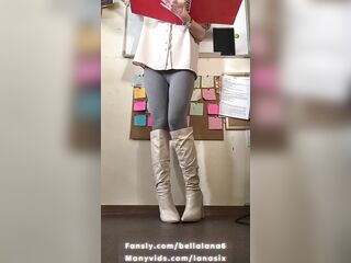Teacher is squirting in leggings and boots during the time that teaching, lovense in butt, moist feet and boots