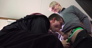 Blonde twink fucks nerdy colleague in the ass and comes on his face
