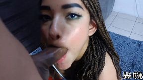 stepsister in a sweatshirt with underwear moans all over the house from a big cock in her