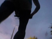 Riding a scooter with a bare booty on a bad road
