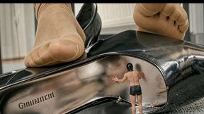 in the office, a shrunken slave cleans the inside of Madame C shoes and gets totally trampled and crushed under her high heel shoes