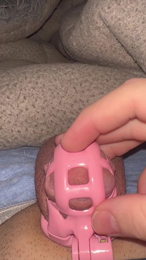 Slim teen caught in precum chastity play
