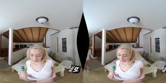 Naughty blonde daughter Anastasia Knight and Summer Brooks disobeying dad in steamy VR porn