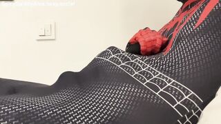 19yo Japanese Boy Jerks-off and Nuts alongside a Vibrator inside a Spiderman spandex suit