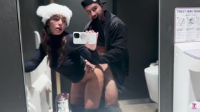 Fit Round-assed Latina Cutie In a Furry Hat Sucks Her BF's Dick & Gets Fucked In the Public Toilet