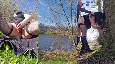 Scottish milf deep throats in the woods gets her tight cunt blasted