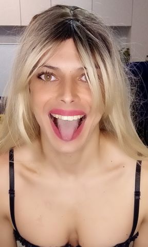 Sissy cowgirl fucks big, black dildo and destroys her ass until she cum