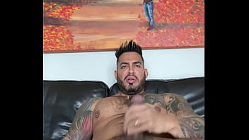 tattooed muscle gay in jeans striptease and masturbate my big cock