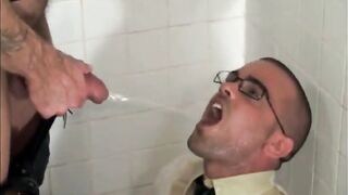 Tattooed studs give a hot interracial BJ and golden shower to a twink with a big dick