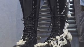 Primey's messy knee high Doc Martens Britains and Leather Jacket play - with boots getting soaked!