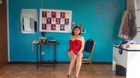 Panties and sexy corset. Depraved slut shows tits and cunt to her boss. 1