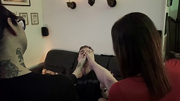 Valentina and Mistress Minerva feet fetish fantasy with submissive man