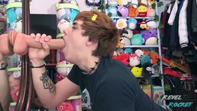 Pretty goth femboy gets throat wrecked by extra largo dildo