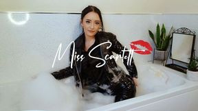 Scarlett's bath time in SEXY LEATHER and black satin blouse (WAM)