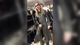 Longhairdude does The Matrix in utter length dark-hued leather Matrix jacket, Fresh Rock Shoes, shades