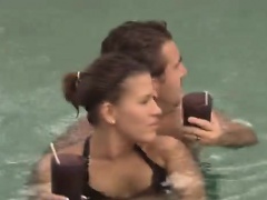 Gorgeous blonde and brunette babes swap couples at the pool