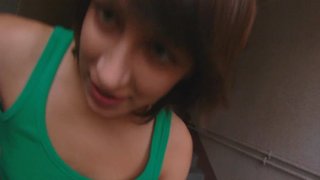 Sweet girl is being facialized after sex on the stairways