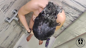 SPY THIS NERDY GIRL SHOWER WITH SOAP MASSAGE BIG BOOBS