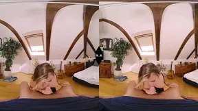 Busty blonde chick gives a POV fellatio and takes a throbbing drill in cowgirl position