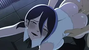 Reze rides him in reverse cowgirl position.