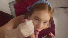 quick latex glove HJ and BJ until big cum on face