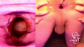 split screen look inside lina s gaping ass with eggs