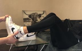 Dirty White Sneaker Worship - Smelly Socks in Face with Valeria Night (side View)