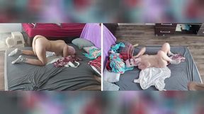 Sensual massage of a hot couple with oil on the body. Foreplay in the bedroom with an amateur couple.
