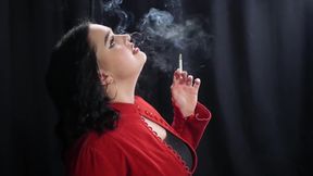 Curvy Brunette Smoking in Red Cardigan