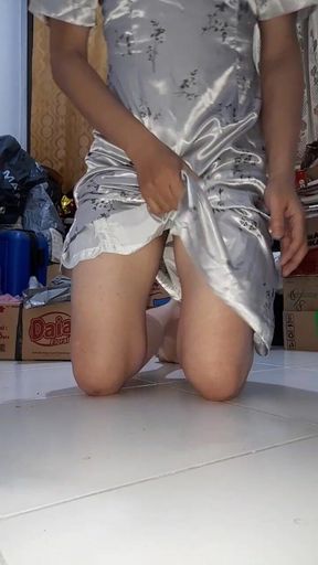 Masturbating Wearing Flower Silver Satin Dress