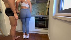 Gym couple dry humping in kitchen till huge cumshot wrecks their leggings