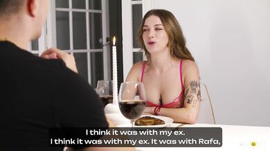 She sucks his cock to seal the deal then gets pounded in the kitchen