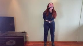 gagging in jeans suit