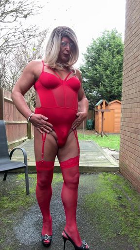 Sexy Crossdresser Kellycd2022 in Red Sexy Bodysuit and Stockings