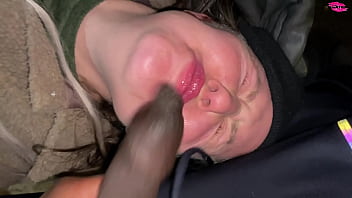 Homeless woman poked in the face with a cock