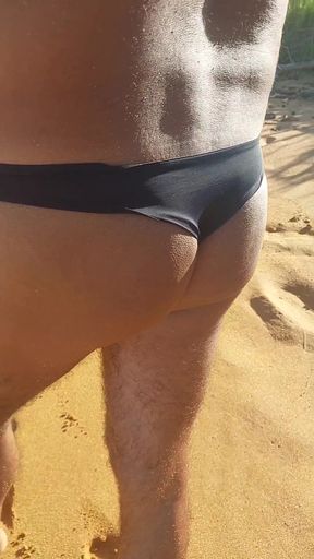 Ladysilva masturbating on the beach in panties showing off my cock and hot ass
