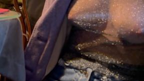 Blonde solo girl flashes big tits in public cafe