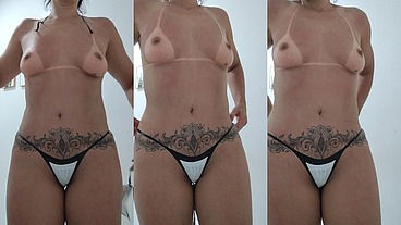 Gatinha gostosa fazendo bronzeamento de fita e mostrando as marquinhas