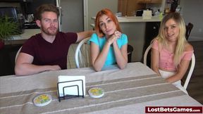 Slim girls tease in a strip tag game
