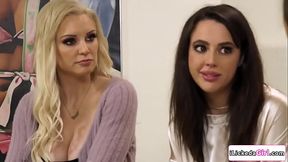 Brunette babe having threesome with big tits lesbian couple