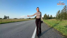 Dirty hitchhiker scores free ride with tight leggings-wearing, tit-and-ass&#x1F351;-baring, cum-paying good vibe vibes.