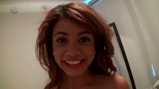 Barely legal Latina brunette with small boobs riding a huge cock