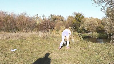 Autumn Sport. Cute sexy MILF Platinum strips naked and learns to play badbinton with lover. Naked in public. Outdoors. Outside