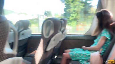Teen girl jerks off stranger under bus seat while flashing her panties