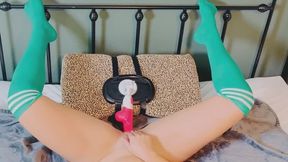 Overhead view of fucking and riding dildo in knee high socks