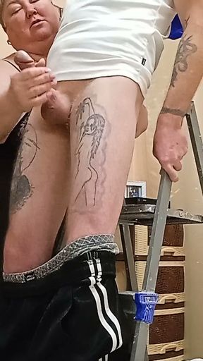 after repairing the chandelier, my mother-in-law jerks off my dick to a cumshot   Clip 1