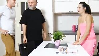 Dumb girl lets old man fuck her tight shaved pussy on the kitchen table